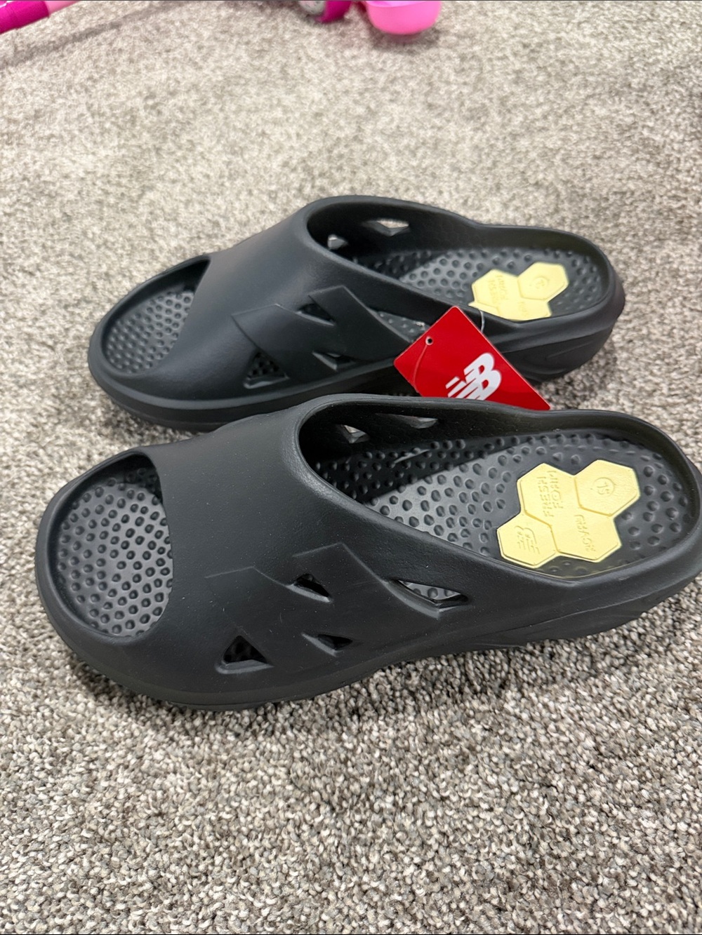 New Balance Black Slip-On Shower Slides with Yellow Insole Accents - Picture 2 of 4